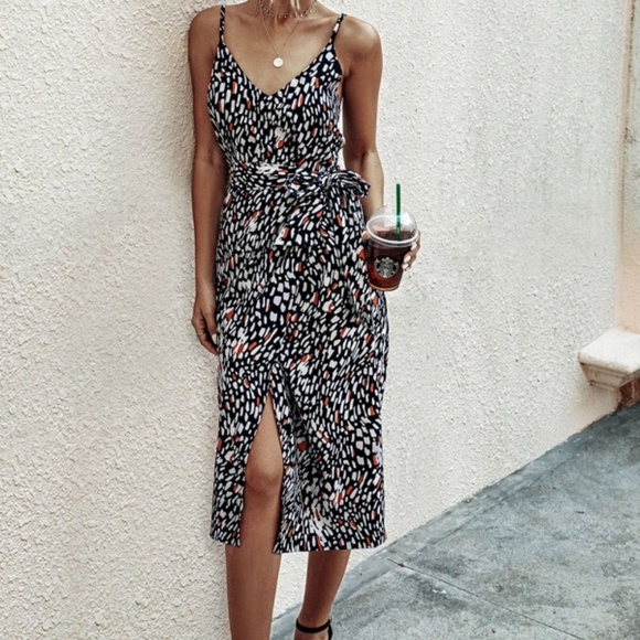 Black Leopard Print Cami Midi Dress Work - Picture 2 of 5